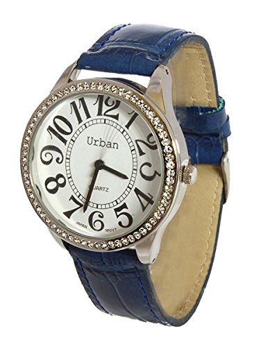 Urbano Reloj de Pulsera para Mujer Diamante Plateado Números Grandes Pantalla analógica Movimiento de Cuarzo japonés con Correa de Cuero Azul Marino de PU Urban-Ladies