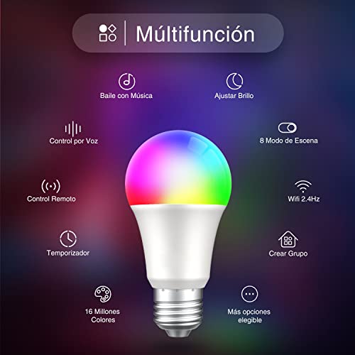 Usmart Bombilla Led Inteligente Alexa,E27 8W Bombillas WiFi Luces LED Cálidas y RGB Control de APP/Voz,Funciona con Alexa, Google Assistant,800LM Lámpara Regulable,16 Millones de Colores,2 Pcs