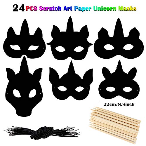 vamei 24pcs Scratch Art para Niños Máscaras Unicornio Niños DIY Máscaras Dibujo Scratch Art Láminas para Rascar Piñata Unicornio Creativas Papel Dibujar Paper Halloween Navidad Máscaras para Niños
