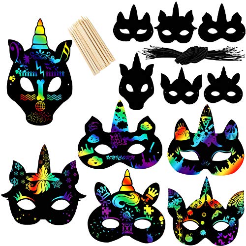 vamei 24pcs Scratch Art para Niños Máscaras Unicornio Niños DIY Máscaras Dibujo Scratch Art Láminas para Rascar Piñata Unicornio Creativas Papel Dibujar Paper Halloween Navidad Máscaras para Niños