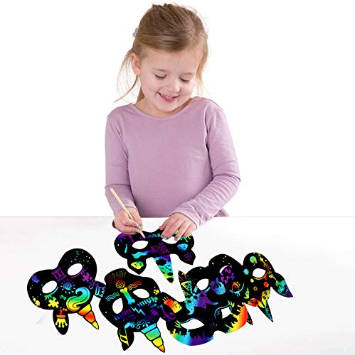 vamei 24pcs Scratch Art para Niños Máscaras Unicornio Niños DIY Máscaras Dibujo Scratch Art Láminas para Rascar Piñata Unicornio Creativas Papel Dibujar Paper Halloween Navidad Máscaras para Niños