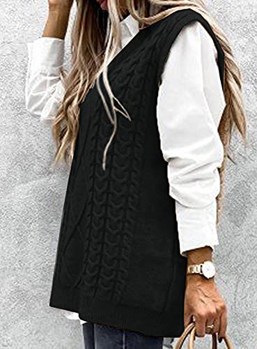 Vancavoo Chaleco sin Mangas Mujer Jersey Suéter sin Mangas Punto Corto Jerséis Fino Cuello V Tops Primavera Camisetas sin Mangas Casual Pull-Over Otoño Invierno(Negro,S)