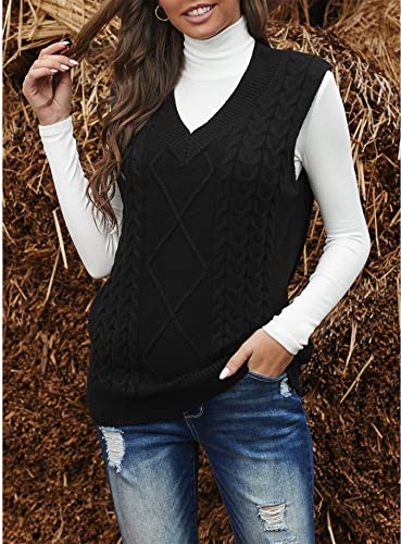 Vancavoo Chaleco sin Mangas Mujer Jersey Suéter sin Mangas Punto Corto Jerséis Fino Cuello V Tops Primavera Camisetas sin Mangas Casual Pull-Over Otoño Invierno(Negro,S)