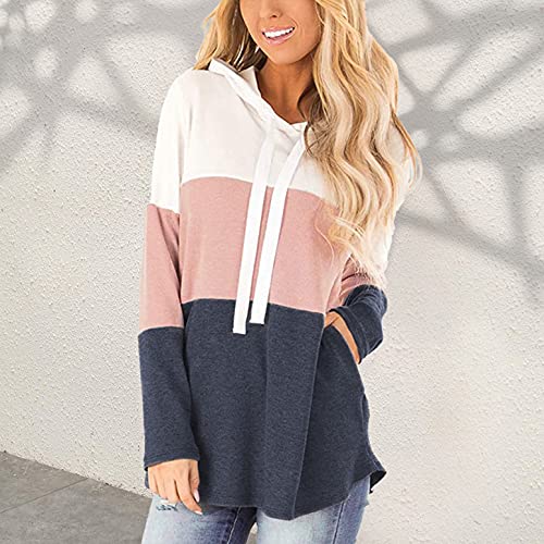 Vancavoo Sudadera Mujer Sudaderas Deporte Mujer Suéter Camiseta Mujer Manga Larga con Capucha Bloque de Color a Rayas Casual Ropa Tops Sweatshirt Chaqueta Invierno (Rosado,L)