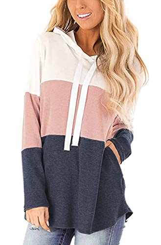 Vancavoo Sudadera Mujer Sudaderas Deporte Mujer Suéter Camiseta Mujer Manga Larga con Capucha Bloque de Color a Rayas Casual Ropa Tops Sweatshirt Chaqueta Invierno (Rosado,L)