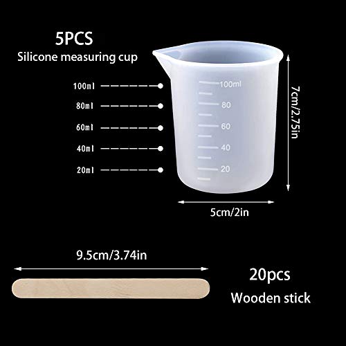 Vasos Medidores de Silicona, 5pcs Vasos de Silicona de 100 ml para Resina, Con 20 palos, Vaso Medidor Reutilizable Antiadherentes, Vasos Medidores de Silicona para manualidades,resina epoxi,moldes