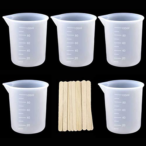 Vasos Medidores de Silicona, 5pcs Vasos de Silicona de 100 ml para Resina, Con 20 palos, Vaso Medidor Reutilizable Antiadherentes, Vasos Medidores de Silicona para manualidades,resina epoxi,moldes