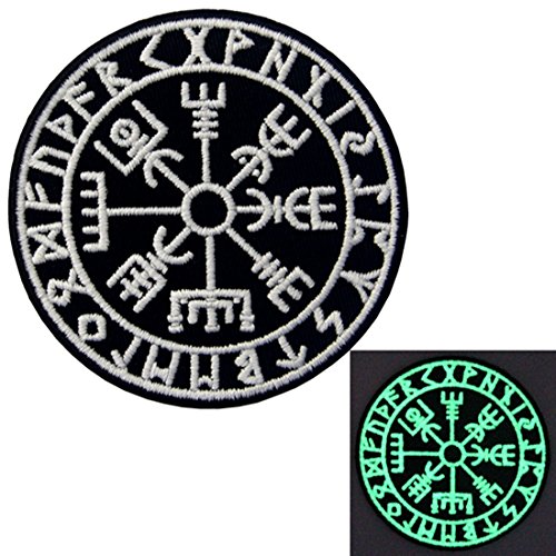 Vegvisir Viking Brújula Norse Rune Morale Táctica Broche Bordado de Gancho y Resplandor en el parche oscuro de Gancho y bucle de cierre