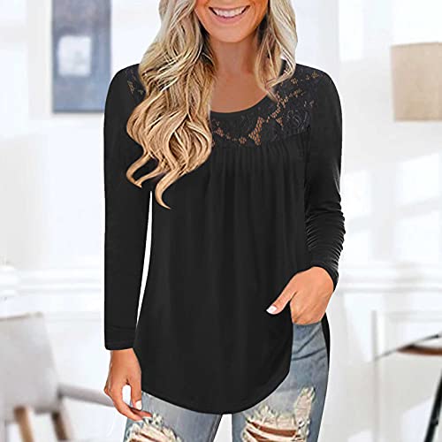 VEMOW Blusas y Camisas Manga Larga Para Mujer, Suelta Casual Camisa Blusa Elegante Vintage de Cuello Redondo con Estampado de Costura Encaje Túnica Tops Jersey Largo Shirts Streetwear(A Negro,M)