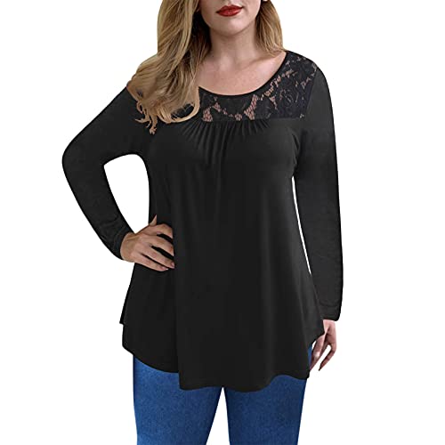 VEMOW Blusas y Camisas Manga Larga Para Mujer, Suelta Casual Camisa Blusa Elegante Vintage de Cuello Redondo con Estampado de Costura Encaje Túnica Tops Jersey Largo Shirts Streetwear(A Negro,M)