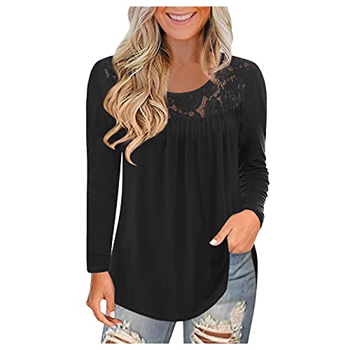 VEMOW Blusas y Camisas Manga Larga Para Mujer, Suelta Casual Camisa Blusa Elegante Vintage de Cuello Redondo con Estampado de Costura Encaje Túnica Tops Jersey Largo Shirts Streetwear(A Negro,M)