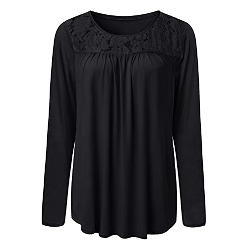 VEMOW Blusas y Camisas Manga Larga Para Mujer, Suelta Casual Camisa Blusa Elegante Vintage de Cuello Redondo con Estampado de Costura Encaje Túnica Tops Jersey Largo Shirts Streetwear(A Negro,M)