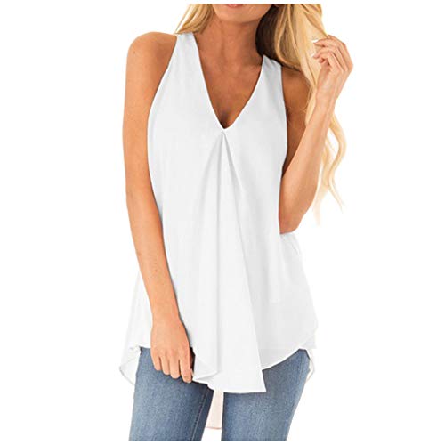 VEMOW Cami Tops Camiseta con Cuello en V para Mujer Camiseta sin Mangas Chaleco de Verano Blusa Talla Grande(ZA Blanco,XL)