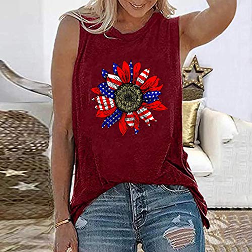 VEMOW Chaleco Camisola Verano Chaleco Suelto para Mujer Cuello Redondo, Sexy Elegante Béisbol Camiseta de Tirantes Informal Camisetas de Deporte Impresión de Girasol Fiesta Camisa Tops(C Vino,M)