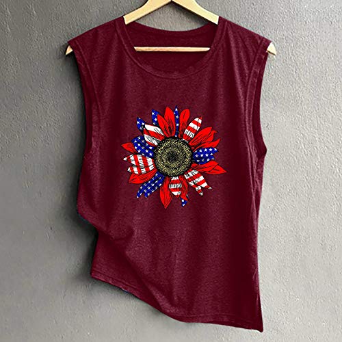 VEMOW Chaleco Camisola Verano Chaleco Suelto para Mujer Cuello Redondo, Sexy Elegante Béisbol Camiseta de Tirantes Informal Camisetas de Deporte Impresión de Girasol Fiesta Camisa Tops(C Vino,M)