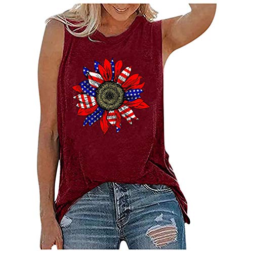 VEMOW Chaleco Camisola Verano Chaleco Suelto para Mujer Cuello Redondo, Sexy Elegante Béisbol Camiseta de Tirantes Informal Camisetas de Deporte Impresión de Girasol Fiesta Camisa Tops(C Vino,M)