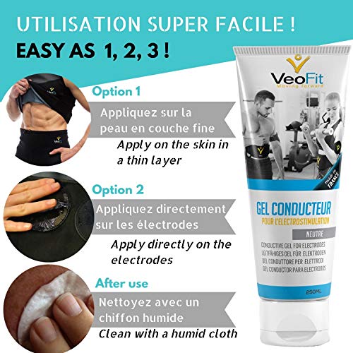 VeoFit- Gel Conductor 250mL X 1 Electrodos Electroestimulacion EMS y TENS, Gel de Contacto para Electroestimulador Muscular- Mejora el Contacto electrodos y Protege la Piel - Fabricado en Francia