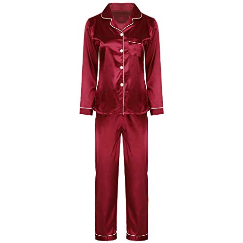 VICENT ama Mujer Saten Pijamas Sedoso Raso Invierno de Manga Larga Kimono Satén Ropa de Casa 2 Piezas M-5XL