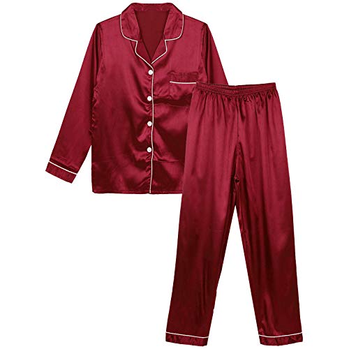 VICENT ama Mujer Saten Pijamas Sedoso Raso Invierno de Manga Larga Kimono Satén Ropa de Casa 2 Piezas M-5XL
