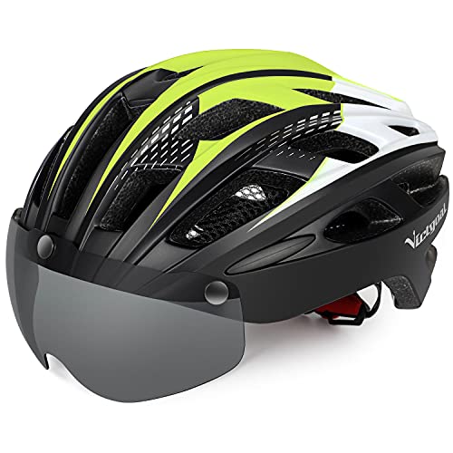 VICTGAOL Casco Bicicleta Helmet Bici Ciclismo para Adulto con Luz Trasera LED Visera Extraíble Hombres Mujeres Adultos de Bicicleta para Montar (Amarillo Negro)