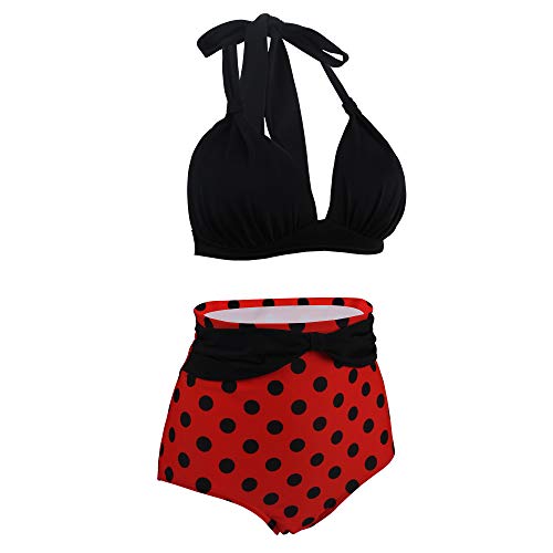 VILOREE Bikini vintage de los 50s para mujer, con sujetador push up, cintura alta, sujeción al cuello, Pantalones cortos negros y rojos., XL