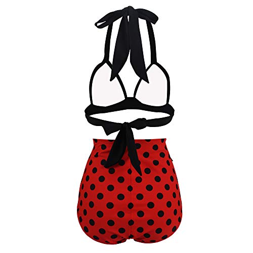 VILOREE Bikini vintage de los 50s para mujer, con sujetador push up, cintura alta, sujeción al cuello, Pantalones cortos negros y rojos., XL