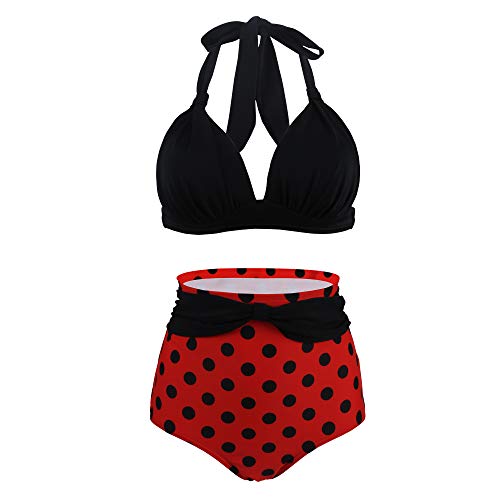VILOREE Bikini vintage de los 50s para mujer, con sujetador push up, cintura alta, sujeción al cuello, Pantalones cortos negros y rojos., XL