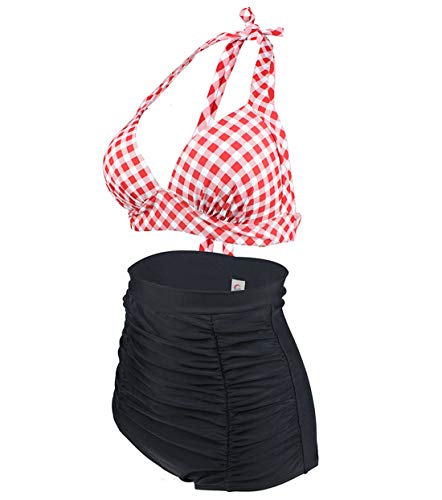 VILOREE Retro 50s - Bikini para mujer con sujetador push-up, cintura alta, diseño de cuadros, color rojo y blanco, talla S