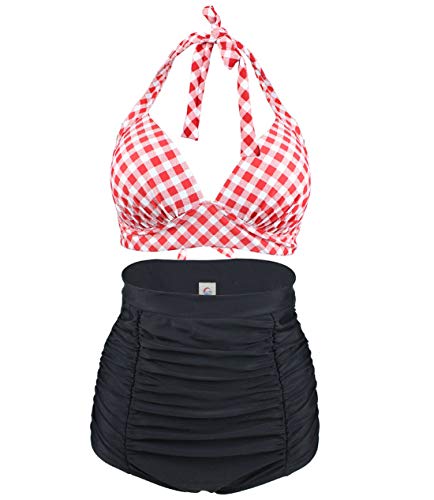 VILOREE Retro 50s - Bikini para mujer con sujetador push-up, cintura alta, diseño de cuadros, color rojo y blanco, talla S