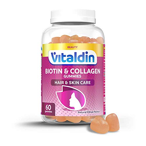 VITALDIN Biotina + Colágeno gummies - Suplemento de Belleza - 2.500 mcg de Biotina, Vitaminas C y E - 60 gominolas (para 1 mes), sabor a Cítricos - Ayuda a Mantener el Cabello y la Piel - Sin Gluten