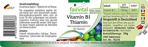 Vitamina B1 100mg - Tiamina - VEGANA - Dosis elevada - 100 Comprimidos - Calidad Alemana