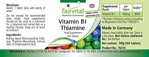 Vitamina B1 100mg - Tiamina - VEGANA - Dosis elevada - 100 Comprimidos - Calidad Alemana