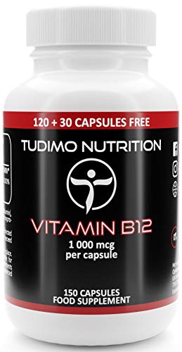 Vitamina B12 Vegana 1000 mcg Capsulas – 150 Vegan Cápsulas (5 Meses de provisión), cada una con 1000mcg de Polvo de Vit B12 Cianocobalamina (Cyanocobalamin Supplement)