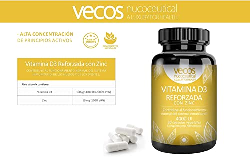 Vitamina D3 con Zinc para Reforzar el Sistema Inmunológico - 30 Cápsulas Vegetales - Contribuye al Mantenimiento Normal de los Músculos - Propiedades Antioxidantes