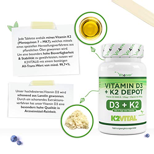 Vitamina D3 + K2 Depot - 180 comprimidos con 5000 I.E + Vitamina K2 200 mcg por UN comprimido - 99.7+% All-Trans (K2VITAL® by Kappa) - Altamente dosificado