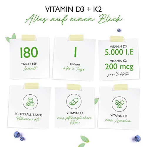 Vitamina D3 + K2 Depot - 180 comprimidos con 5000 I.E + Vitamina K2 200 mcg por UN comprimido - 99.7+% All-Trans (K2VITAL® by Kappa) - Altamente dosificado