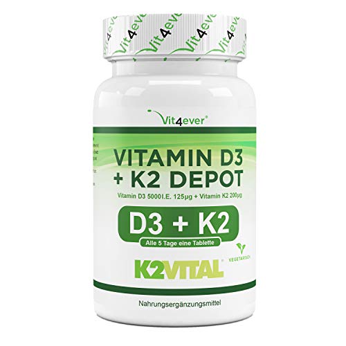 Vitamina D3 + K2 Depot - 180 comprimidos con 5000 I.E + Vitamina K2 200 mcg por UN comprimido - 99.7+% All-Trans (K2VITAL® by Kappa) - Altamente dosificado