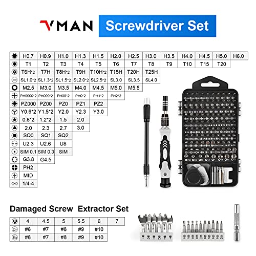 VMAN 145 en 1 Juego de Destornilladores Precisión, Kit Destornillador Magnético con Extractor de Tornillos Dañados de acero S2, Kit de Herramientas de Reparación para Teléfono, Portátil, PC, Cámara