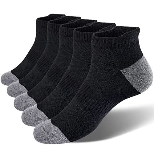 VoJoPi 5 Pares Calcetines Running Hombre, Calcetines Deporte Tobilleros con Anti-Rozaduras, Calcetines Algodon Transpirables para Fitness, Maratón, Tenis 39-46, Negro& gris