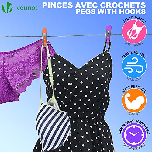 VOUNOT 40 Pinzas para Tender Ropa con Bolsas para Pinzas, Pinzas Ropa Acero Inoxidable Multipropósito, con Agarre Suave y Gancho, 4 Colores