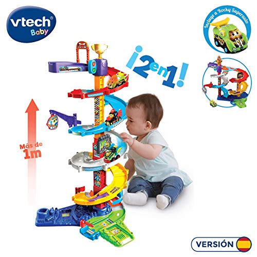 VTech Torre Supertornado TutTut Bólidos, Circuito de garaje, pistas para combinar, diferentes recorridos, espiral, incluye el vehículo Rocky el Superbólido (3480-535022)