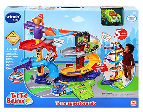 VTech Torre Supertornado TutTut Bólidos, Circuito de garaje, pistas para combinar, diferentes recorridos, espiral, incluye el vehículo Rocky el Superbólido (3480-535022)