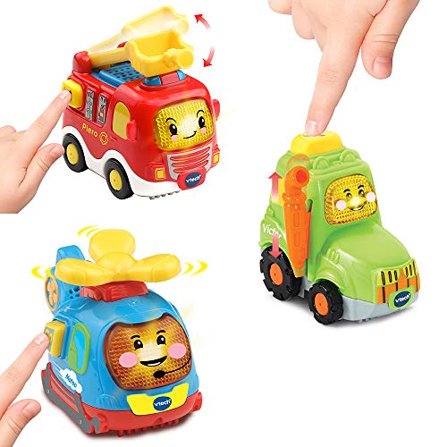 VTech TutTut Bólidos Pack de 3 coches con botón sorpresa, Piero el camión de bomberos, Víctor el tractor y Mateo el helicóptero, multicolor, única (3480-242122) , color/modelo surtido