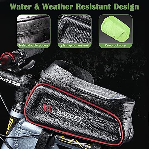 WACCET Bolsa Cuadro Bicicleta, Gran Capacidad Bolsa Manillar Bicicleta Impermeable con Pantalla Táctil de TPU y Visera Bolsa Movil Bicicleta para Teléfono Inteligente por Debajo de 6,8" (Rojo)