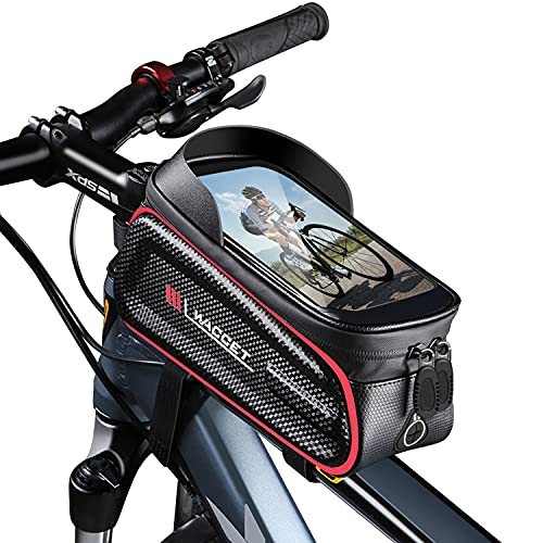 WACCET Bolsa Cuadro Bicicleta, Gran Capacidad Bolsa Manillar Bicicleta Impermeable con Pantalla Táctil de TPU y Visera Bolsa Movil Bicicleta para Teléfono Inteligente por Debajo de 6,8" (Rojo)