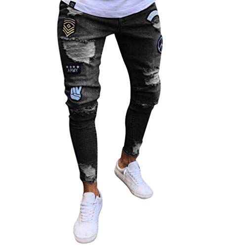 WanYangg Pantalones Vaqueros Rotos Hombre, Skinny Rajados Mezclilla Jeans Pantalones Vaqueros Elásticos Slim Fit Flaco Rodilla Ripped Jean Denim Pantalón con Parche De La Insignia Negro M