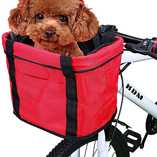 WDEC Cesta para Bicicleta, Cesta de Bicicleta Plegable Desmontable Bolso Portador de Perro Pequeño, Impermeable Cesta Delantera de Bicicleta para Porta Mascotas, Camping al Aire Libre, Picnic (Rojo)