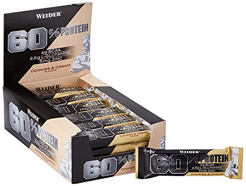 Weider 60% Protein Bar Cookies & Cream 24 x 45 gr. La barrita con más proteína del mercado. Con 4 g de BCAAs por barrita.