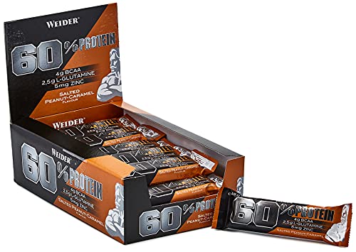 Weider 60% Protein Bar Salted Peanut Caramel 24 x 45 gr. La barrita con más proteína del mercado. Con 4 g de BCAAs por barrita.