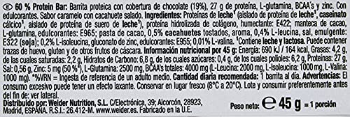 Weider 60% Protein Bar Salted Peanut Caramel 24 x 45 gr. La barrita con más proteína del mercado. Con 4 g de BCAAs por barrita.